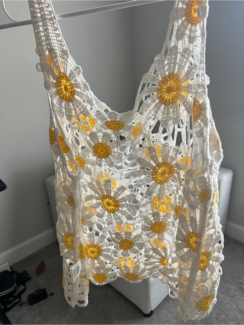 Altar'd State White Crochet Camisole with Yellow Floral Medallions